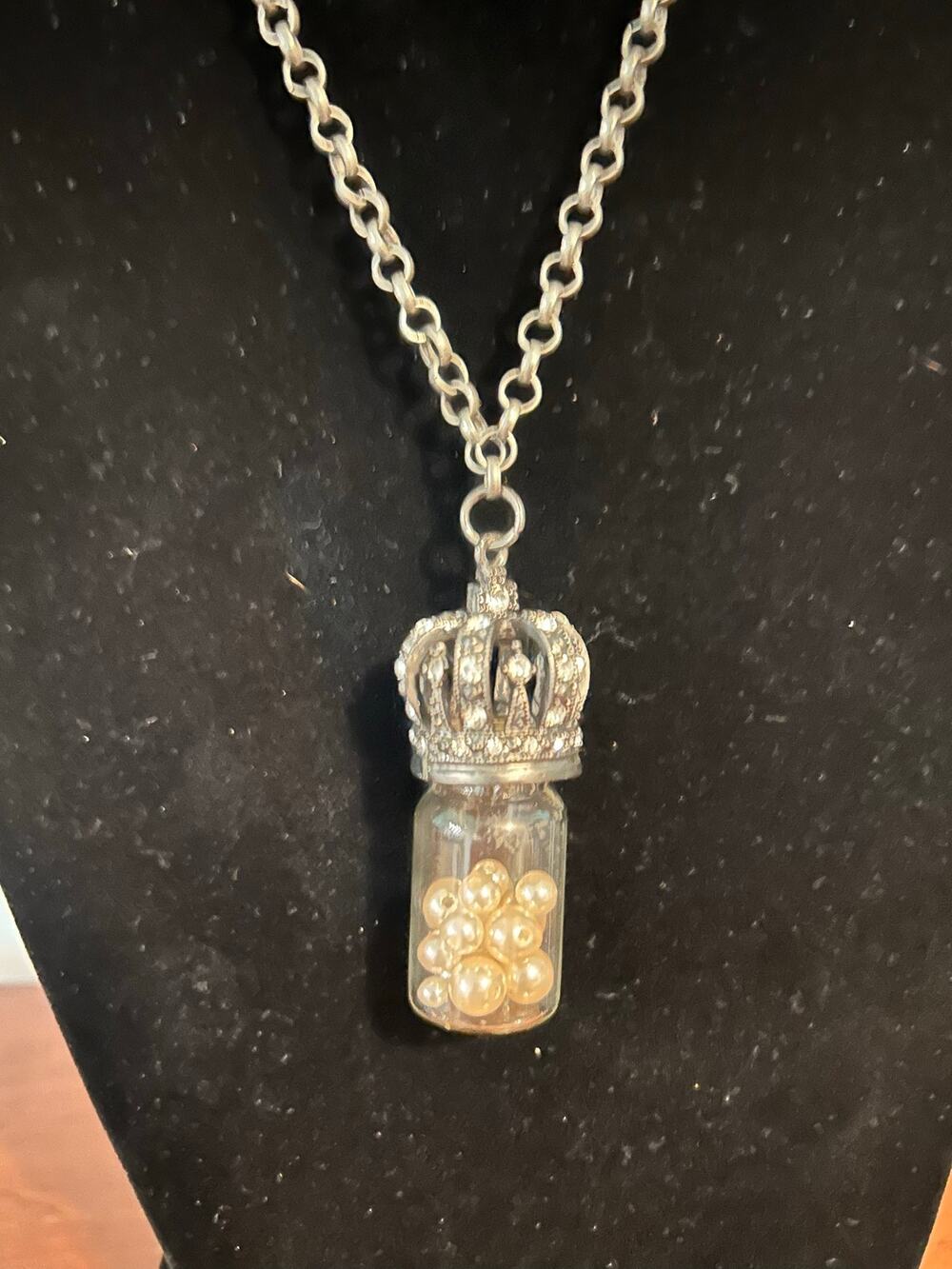 Vintage Style Freshwater Pearl Glass Jar Necklace Silver Rhinestone Crown 36 In